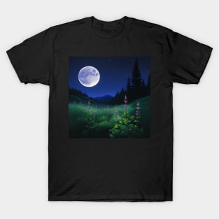 Lupines blooming at night - Purple flowers under a full moon T-Shirt